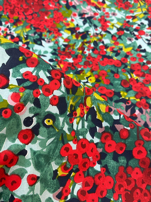 Suluboya Çiçek Detaylı Premium Poplin D2780 Mavi Kırmızı
