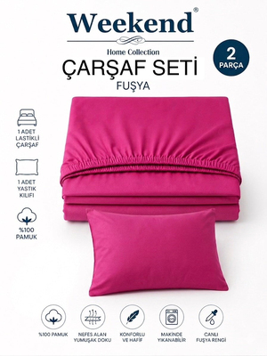 Weekend Tek Kişilik %100 Pamuk Ranforce Lastikli Çarşaf Seti – 100X200 Cm Fuşya Pembe
