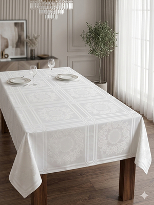 Kareli Coco Desen İşlenebilir Etamin Boşluklu Masa Örtüsü 140x240 cm – Leke Tutmaz Hazır Masa Örtüsü Krem