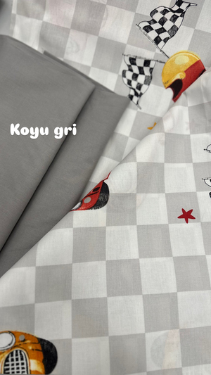 Damalı Zemin Yarış Arabası Desenli Akfil Kumaş D89220 Gri