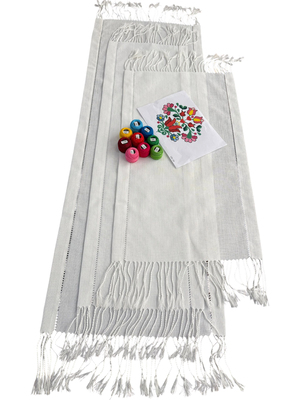 Burgu Püsküllü Ajurlu İpler Şablon Dahil Salon Set (Dk 34) Beyaz