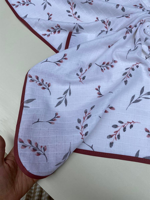 Biye Detaylı D73 Pembe Ufak Dallar Desenli Müslin Hazır Örtü