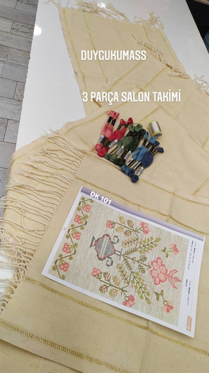 Burgu Püsküllü Etamin Boşluklu Keten Salon Seti DK101 Nolu İpler ve Şablon Dahil