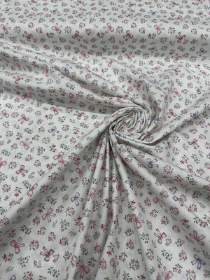 Mini Çiçek Detaylı Fiyon Desen Poplin Kumaş Pembe Lila