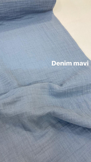 Denim Mavi Çift Katlı Düz Renk Müslin