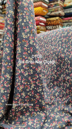 Gri Nar Çiçeği Desenli DT08 Tek En Viskon