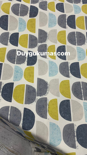 Hardal, Gri ve Mavi Yarım Daire Desenli İthal Duck Keteni
