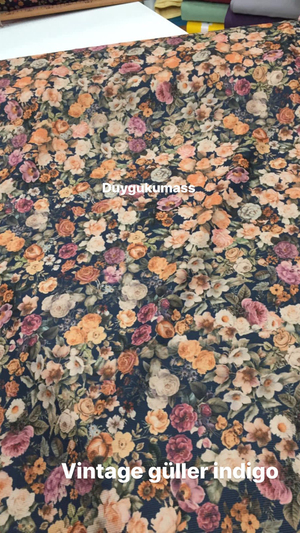 İndigo Rengi Vintage Güller Desen Fitilli Kadife Kumaş