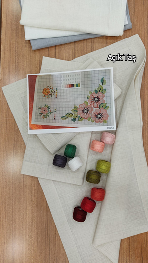 Köşe Çevrili Linen Kumaş Salon Set DK 56 Nolu Somon Çiçekler Şablon ve İpler Dahil