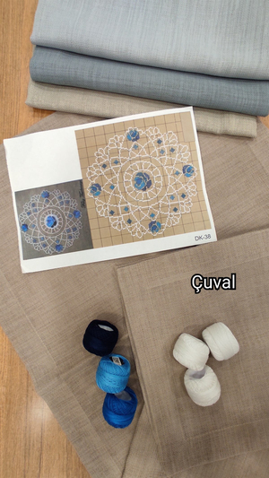 Köşe Çevrili Linen Kumaş Salon Set DK 38 Nolu Beyaz Dantel Şablon ve İpler Dahil