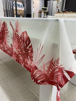 Koyu Kırmızı Büyük Yapraklar Desenli Masa Örtüsü (Linen Kumaş)