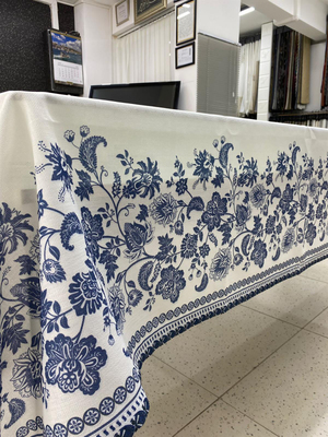 Lacivert Oryantal Çiçek Desenli Masa Örtüsü (Linen Kumaş)