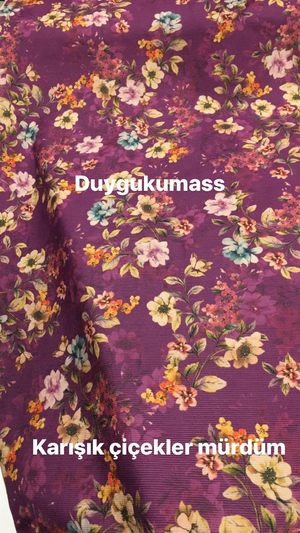Mürdüm Karışık Çiçekler Desen Fitilli Kadife Kumaş