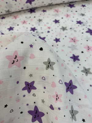 Pembe Mor Sevimli Yıldızlar Desen Müslin D2040