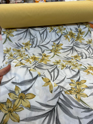 Sarı Uzun Yapraklı İri Çiçekler Desen Akfil Kumaş D691