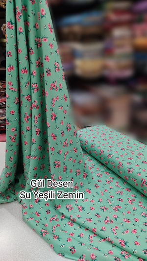 Su Yeşili Zemin Gül Desen Çift En Viskon