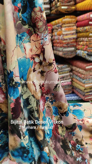 Turkuaz Dijital Batik Desen Çift En Viskon