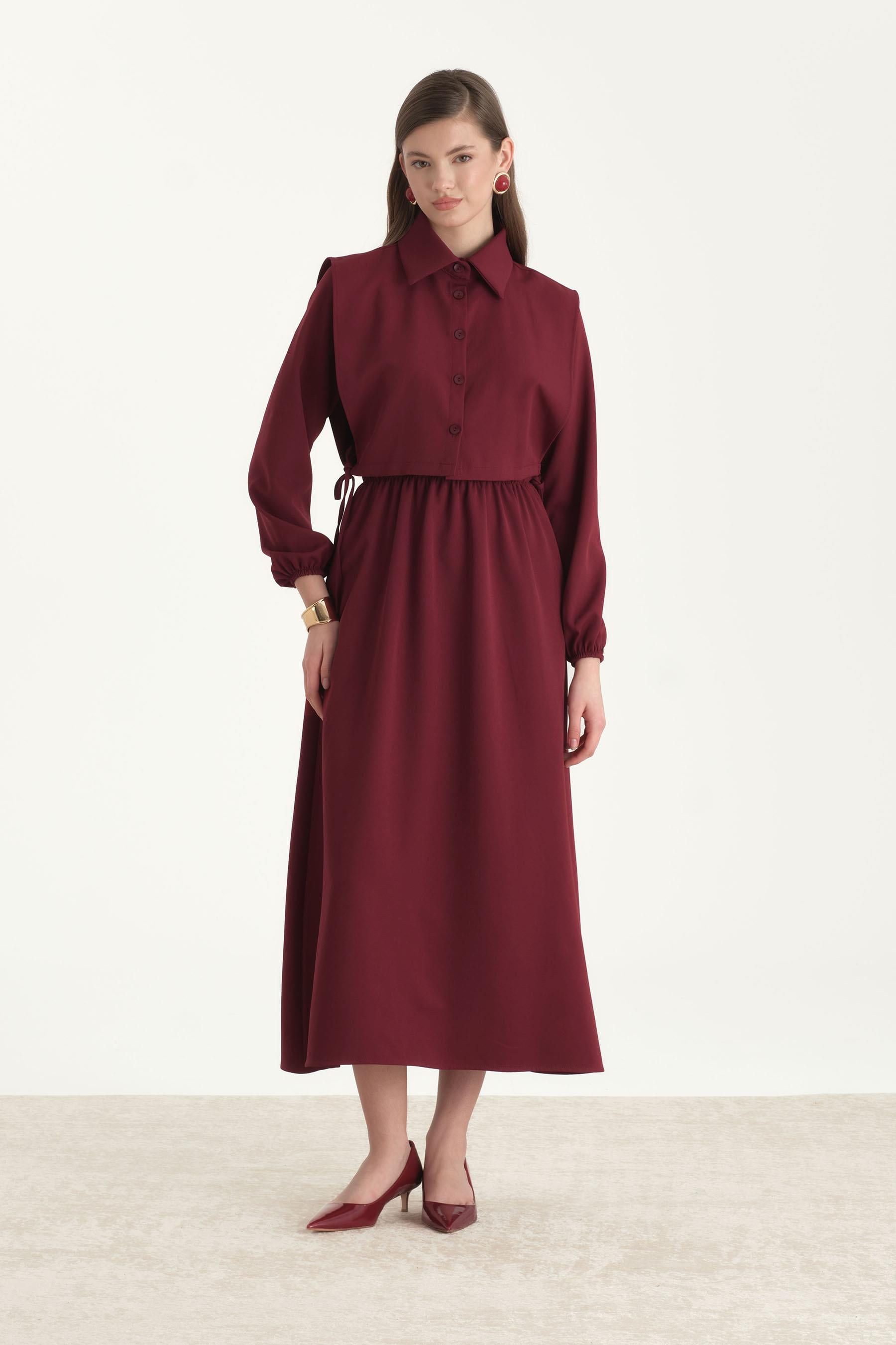 Crop Yelekli Elbise Bordo