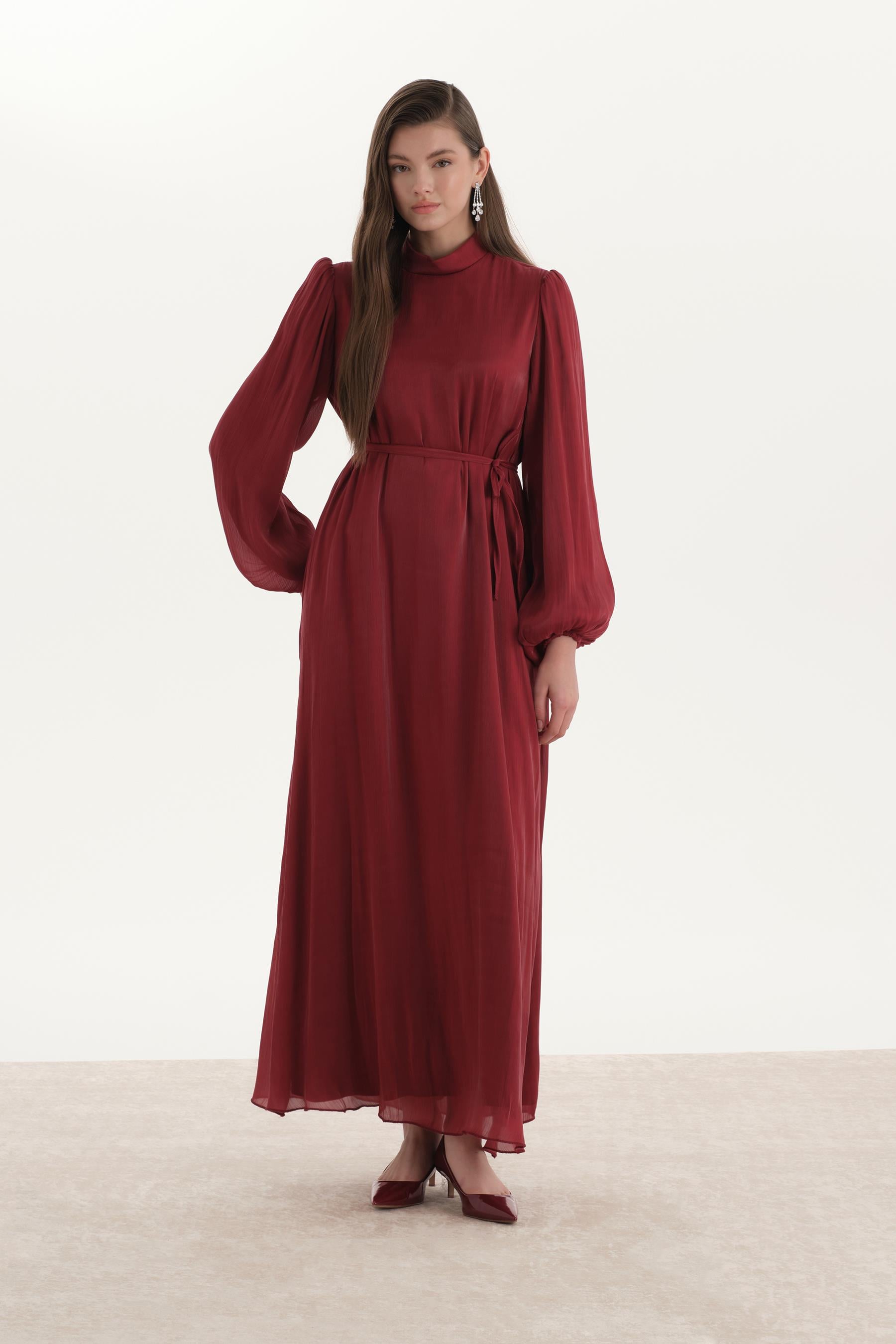 Organze Saten Kalem Elbise Bordo