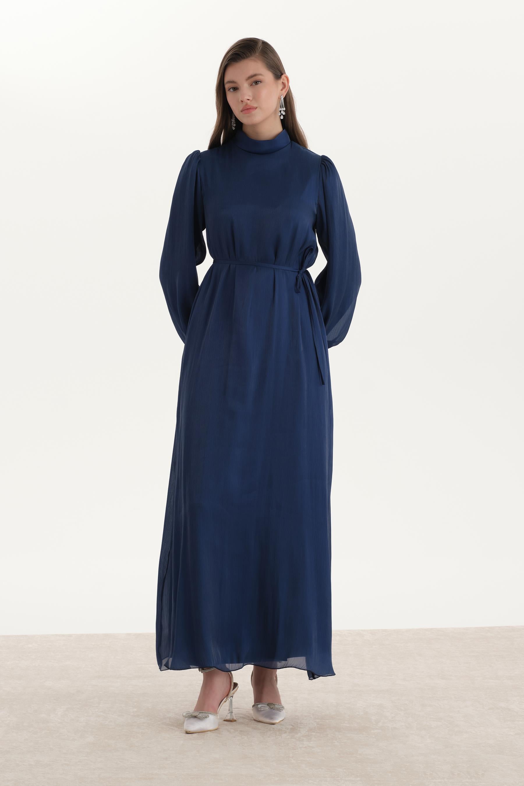 Organze Saten Kalem Elbise Lacivert