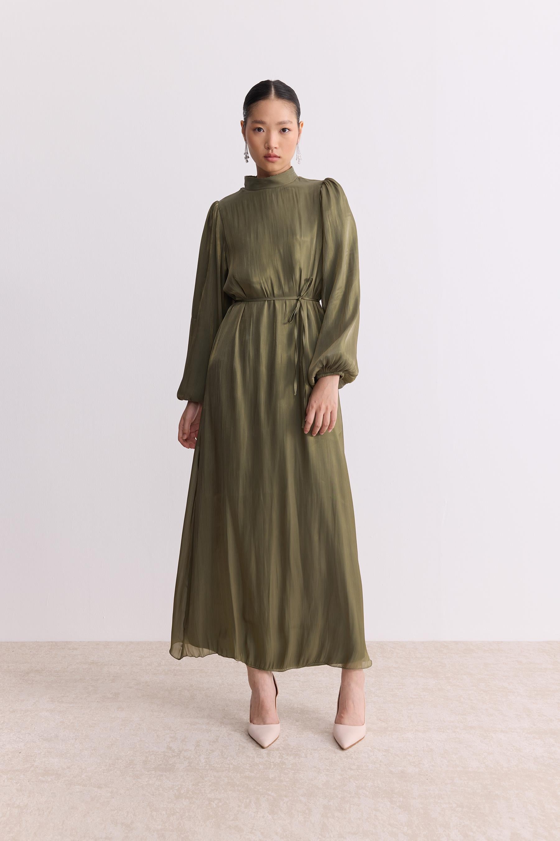 Organze Saten Kalem Elbise Olive