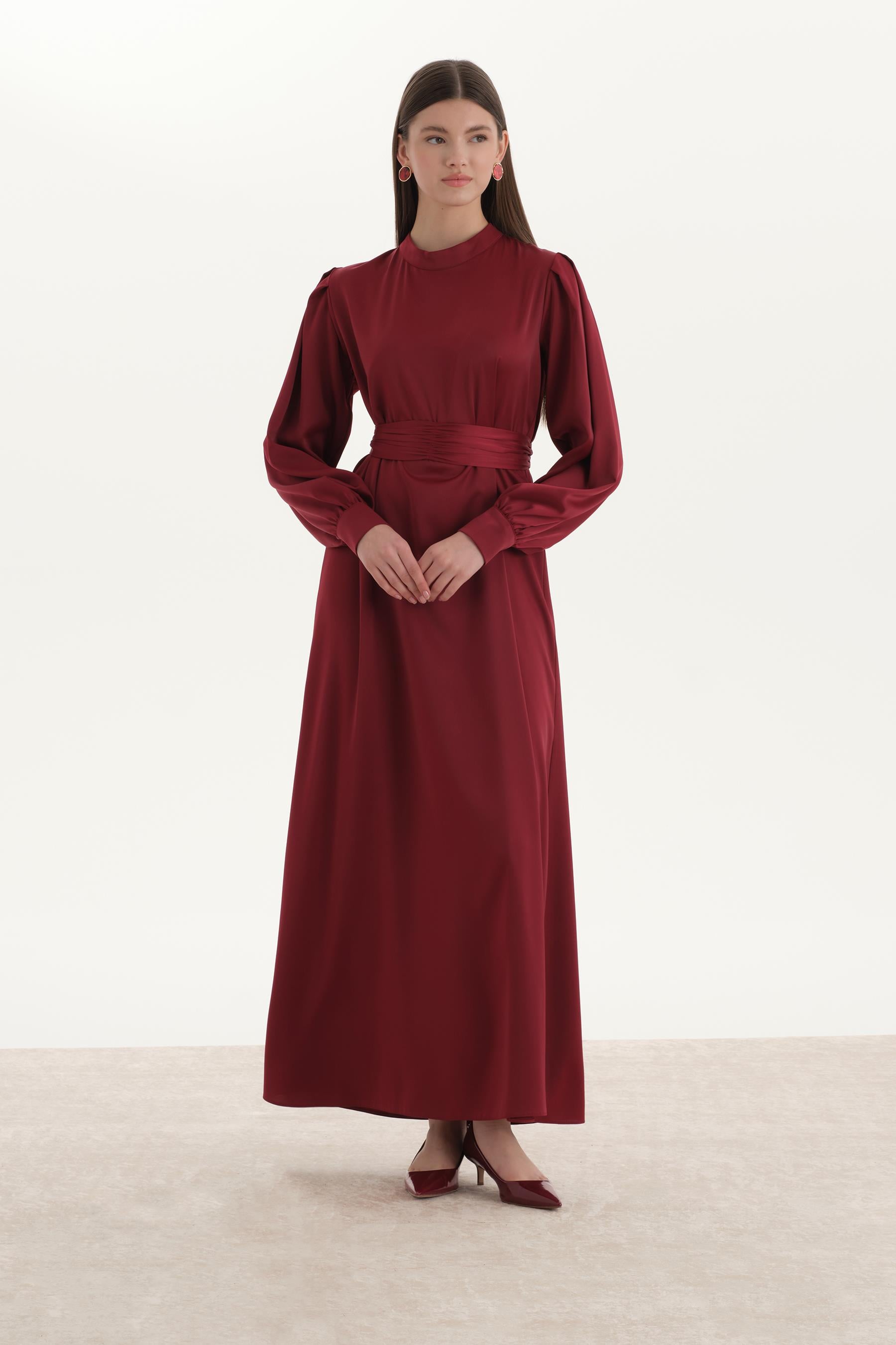 Saten Kalem Elbise Bordo