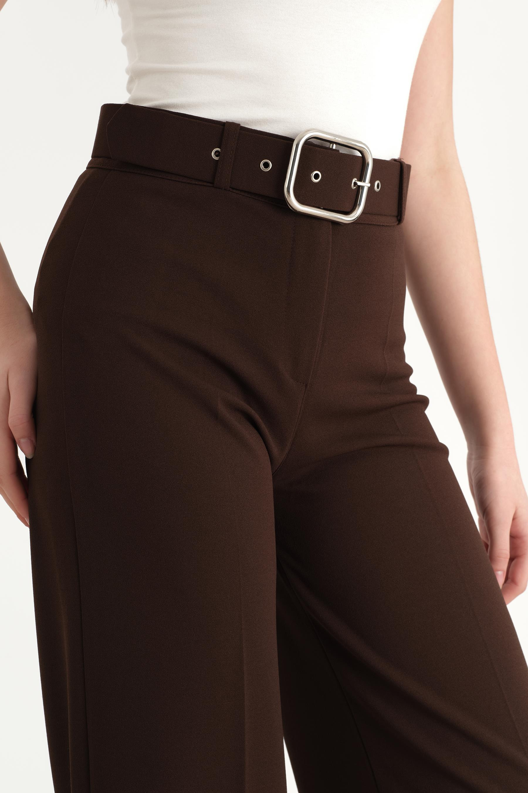 Double Kumaş Bol Paça Pantolon Acı Kahverengi