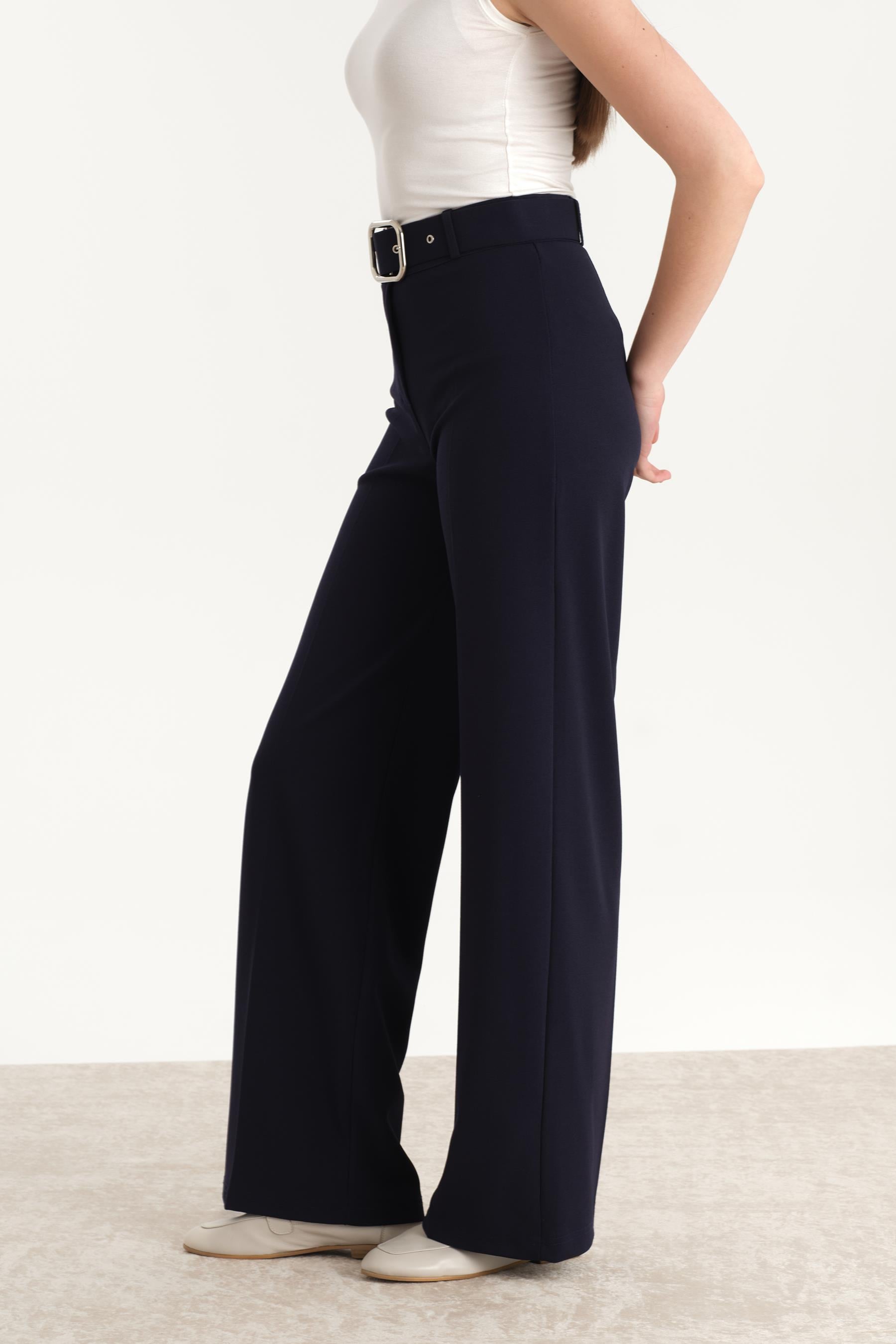 Double Kumaş Bol Paça Pantolon Lacivert