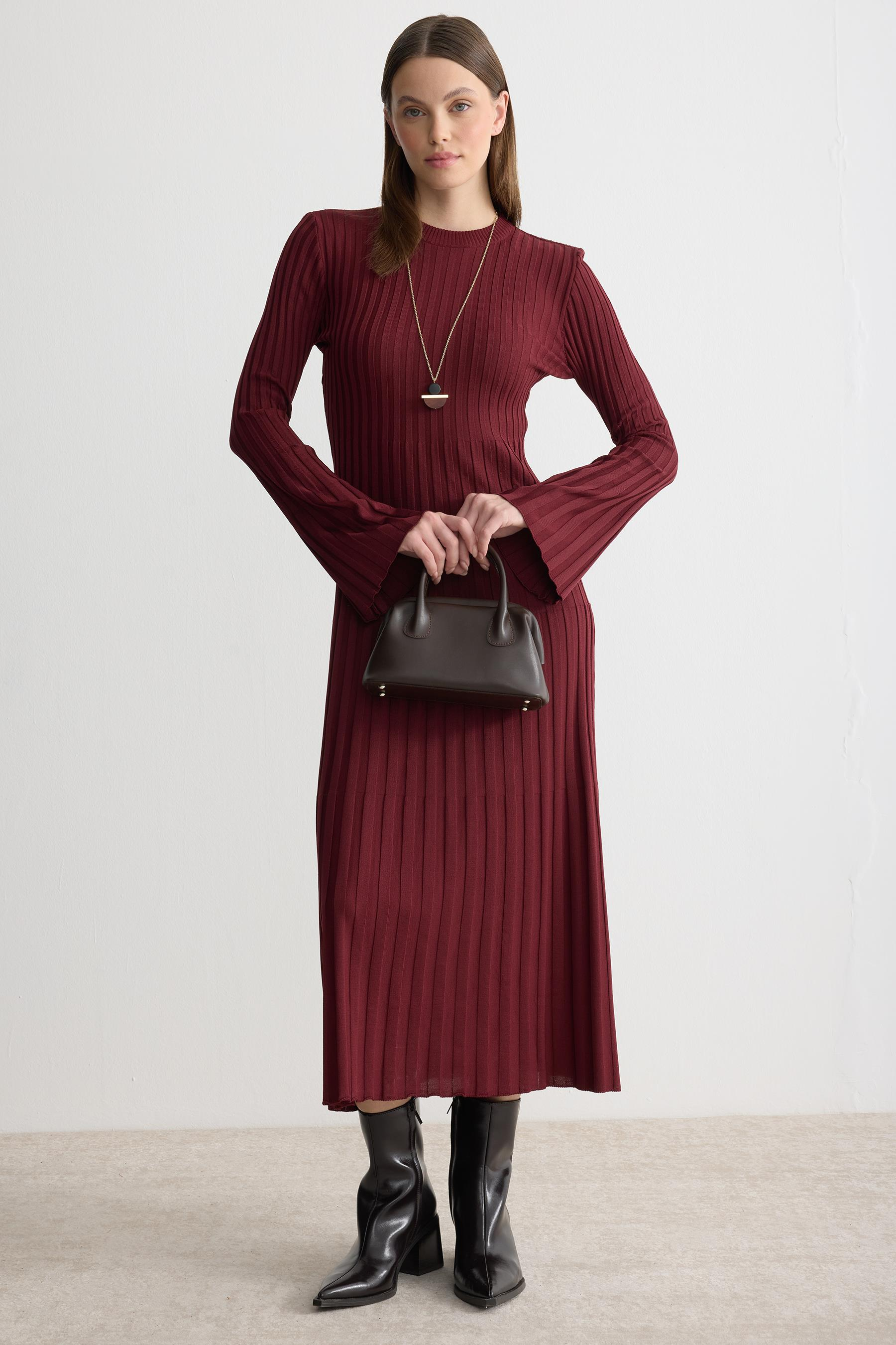 FİTİLLİ SOĞUK İPLİK TRİKO ELBİSE BORDO