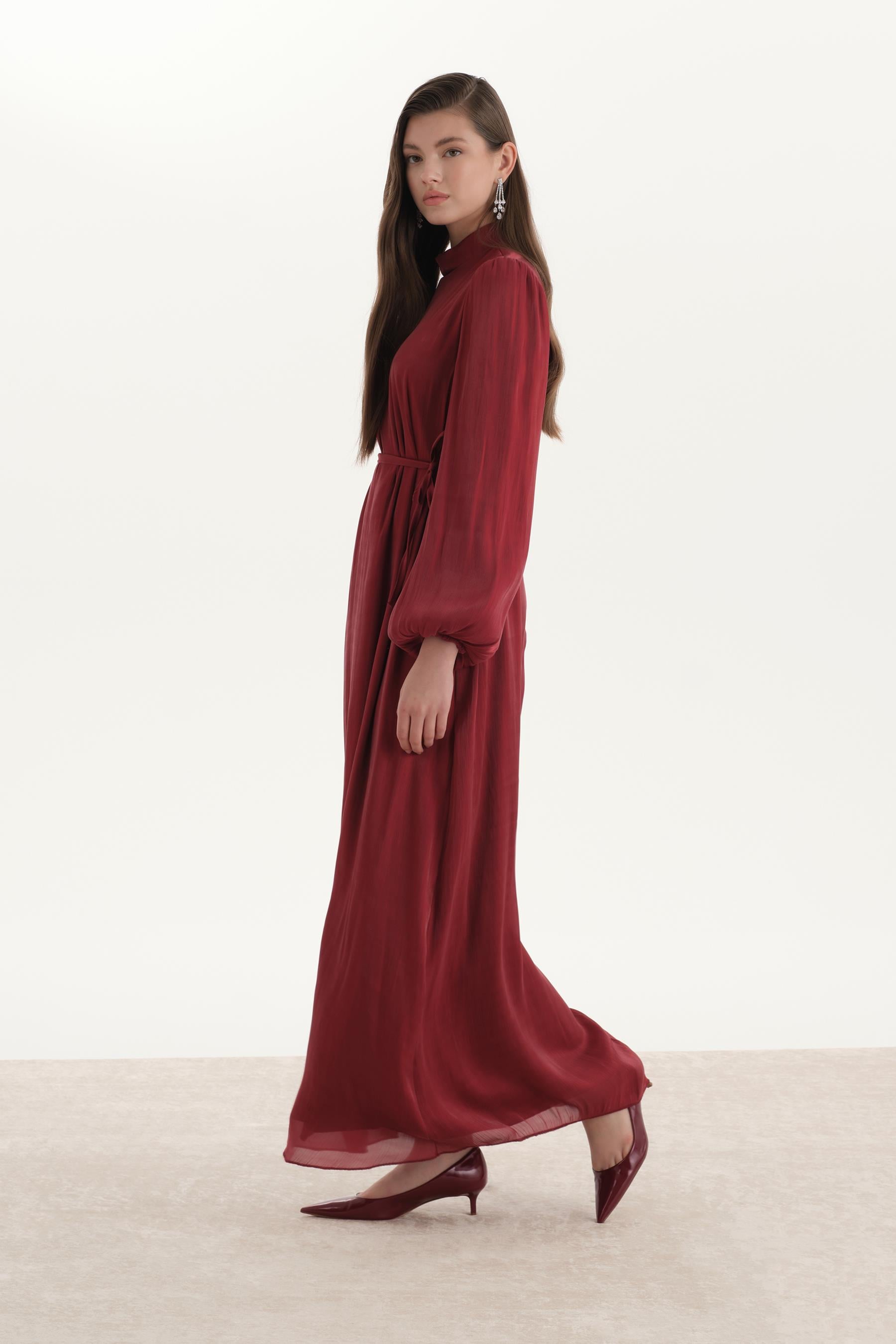 Organze Saten Kalem Elbise Bordo