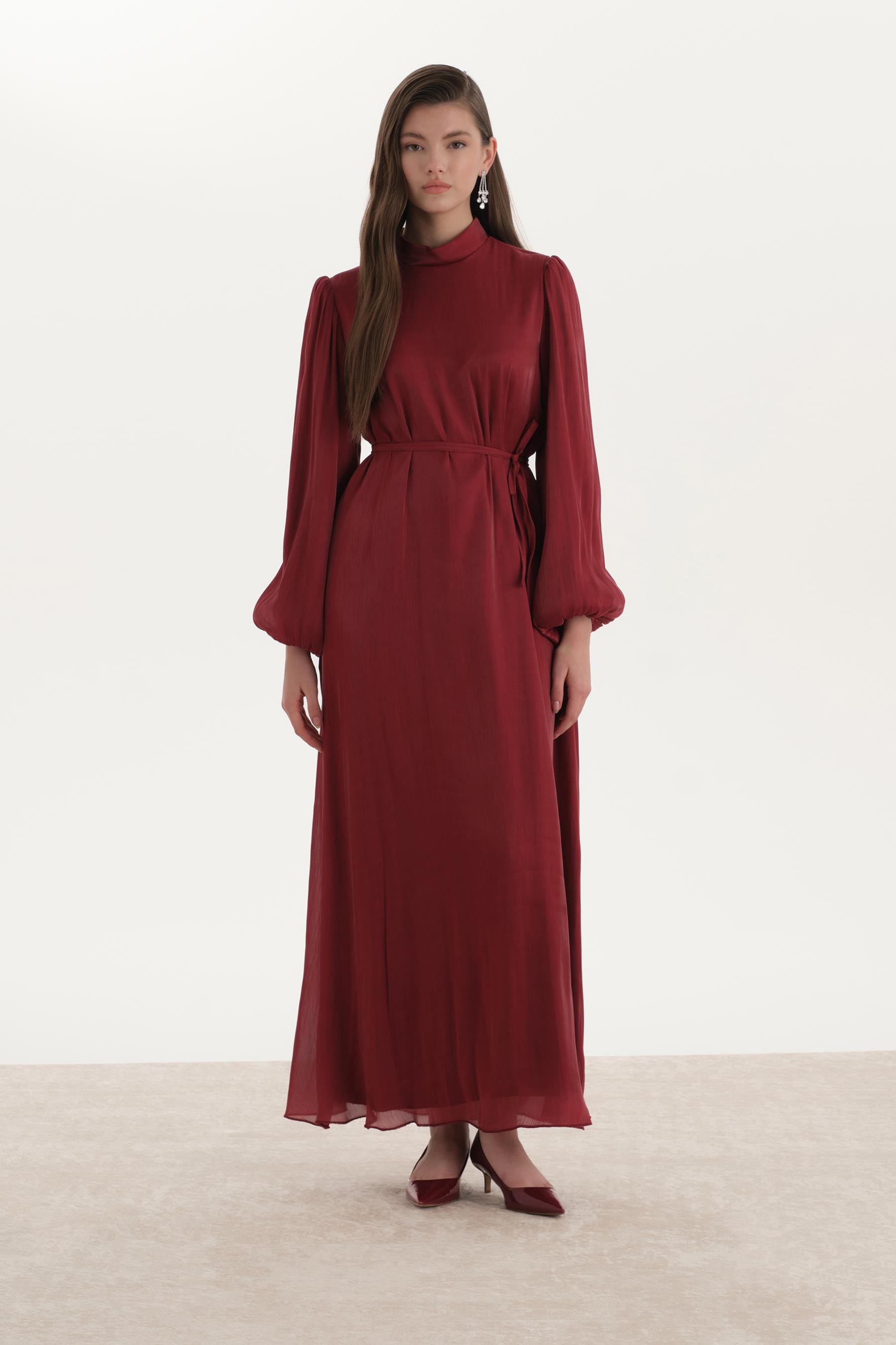Organze Saten Kalem Elbise Bordo