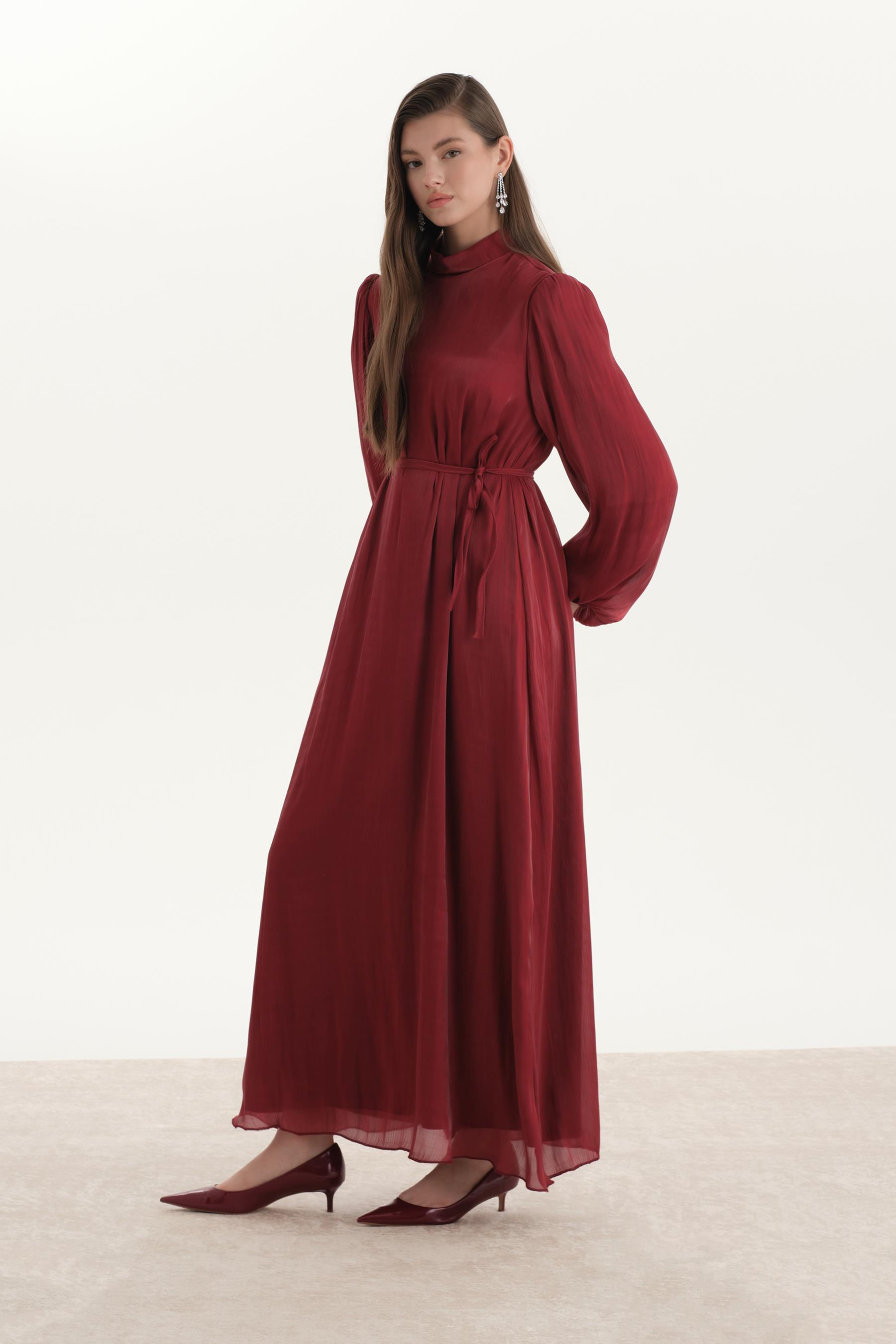 Organze Saten Kalem Elbise Bordo