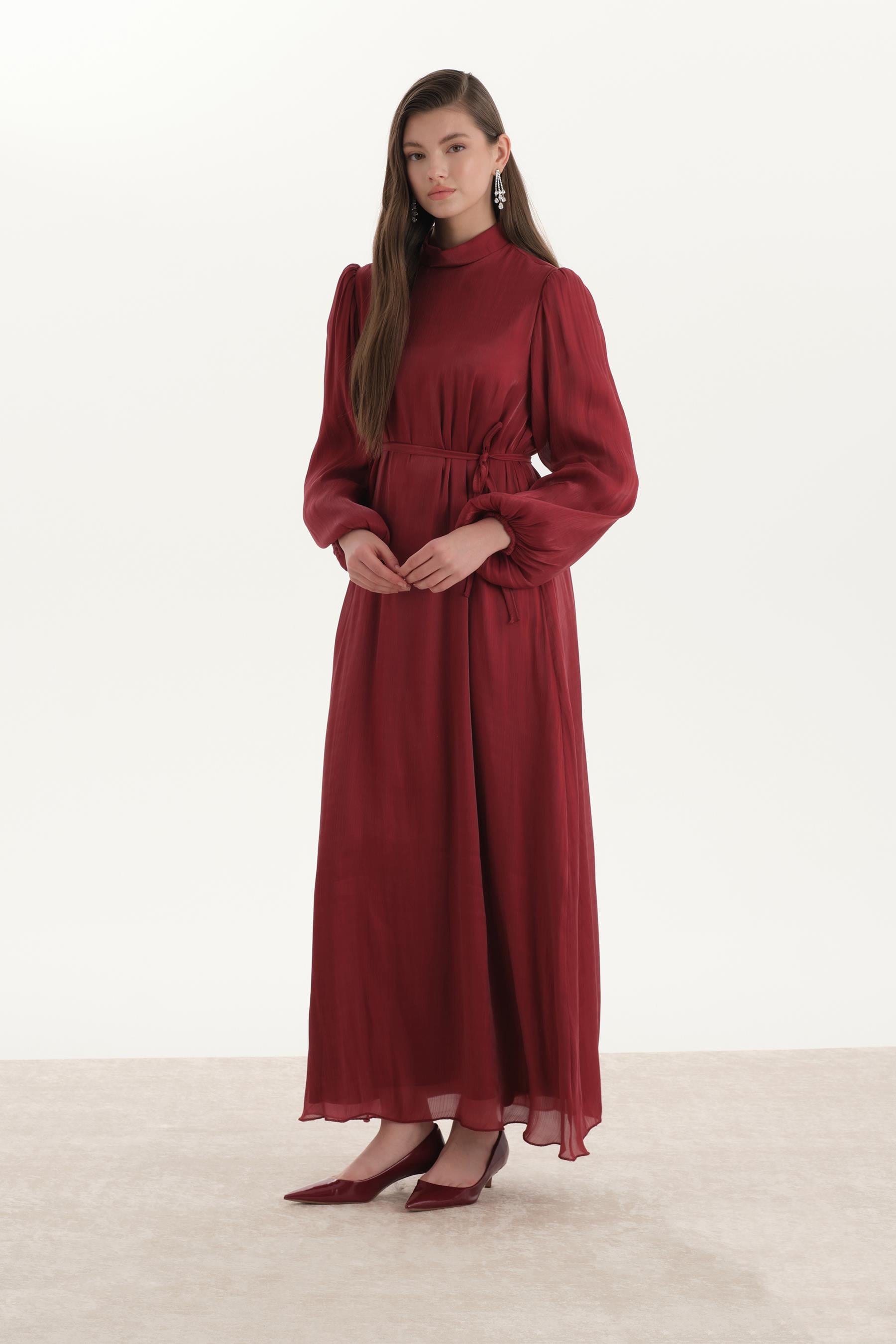 Organze Saten Kalem Elbise Bordo