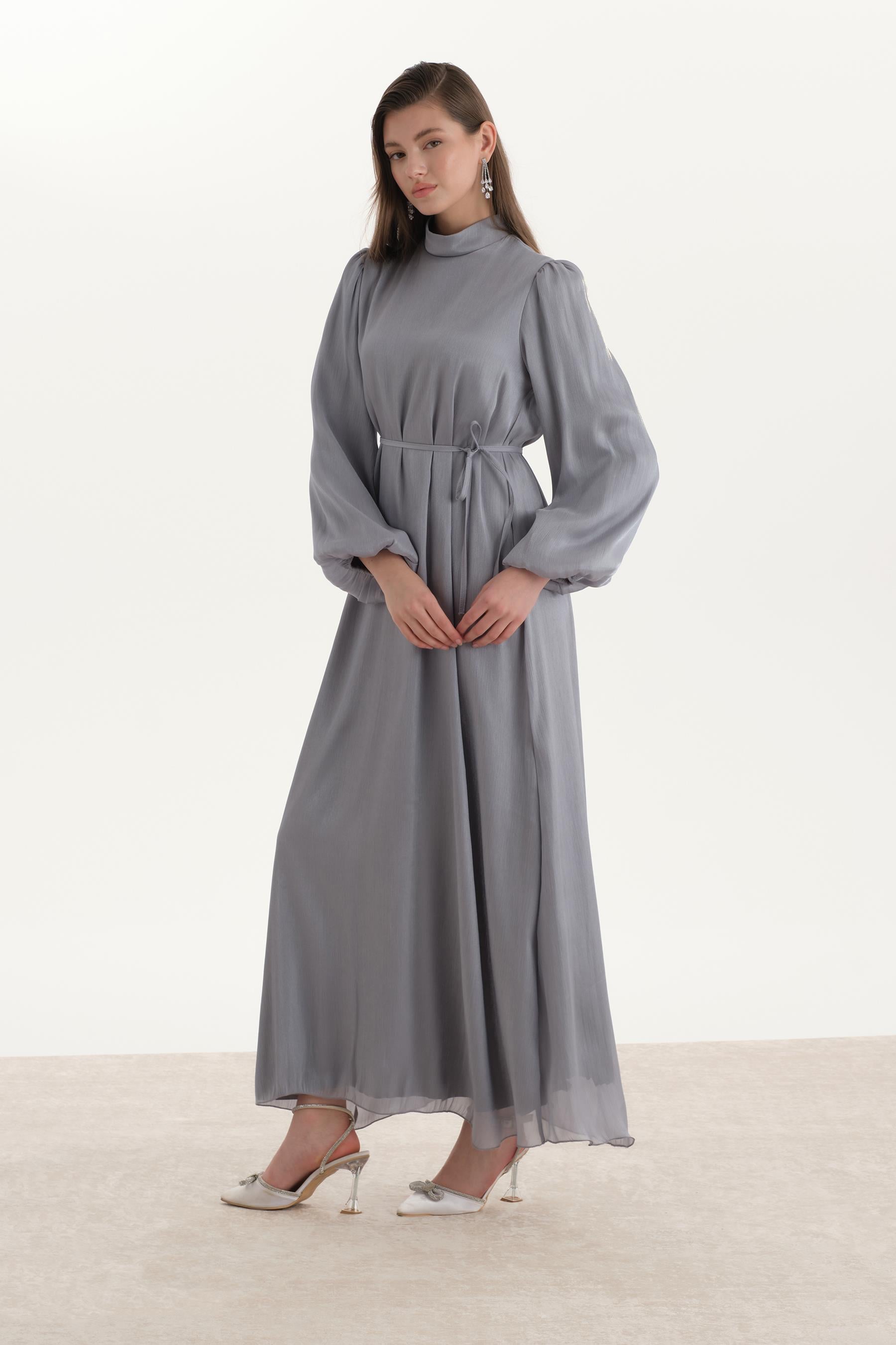 Organze Saten Kalem Elbise Gri