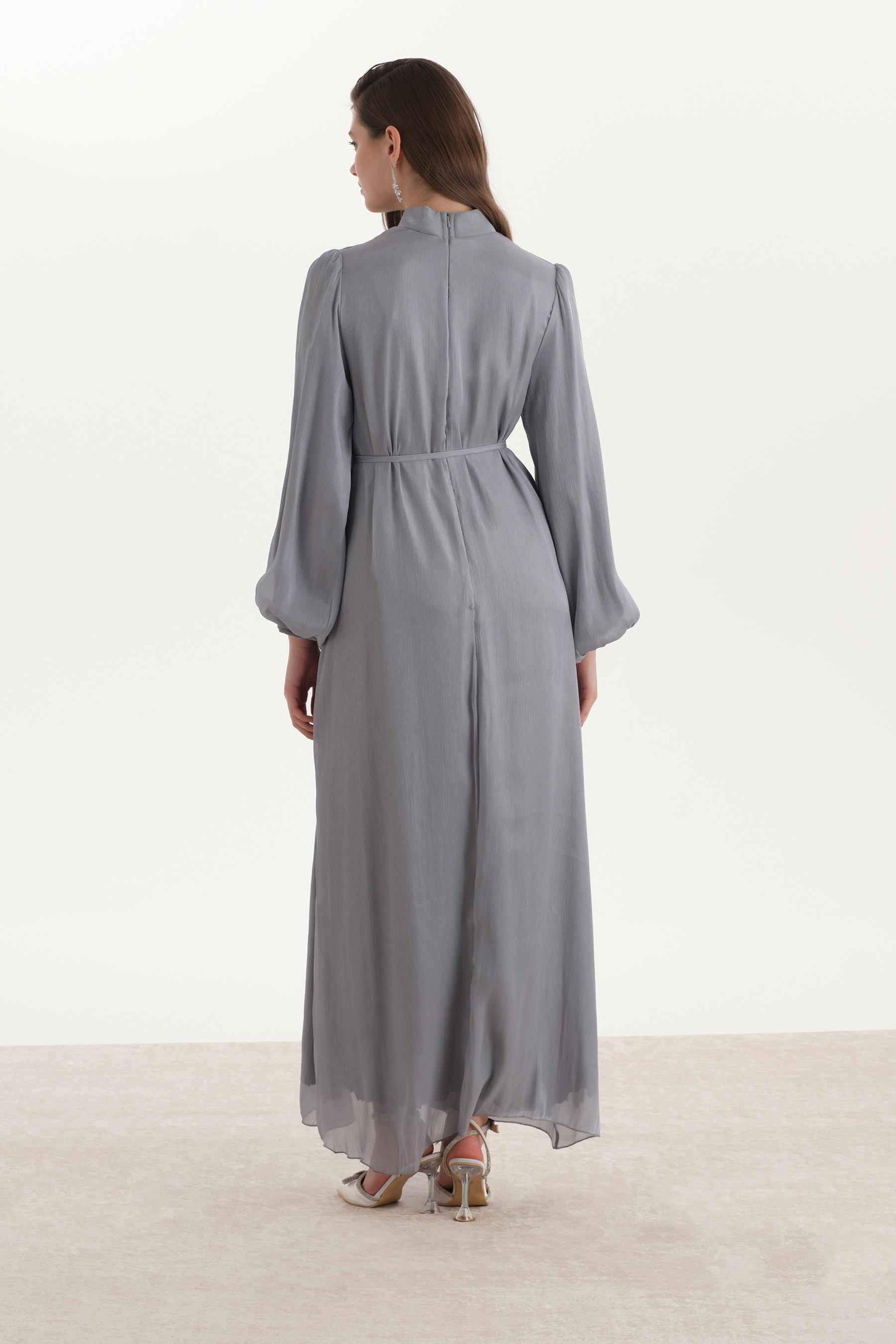 Organze Saten Kalem Elbise Gri
