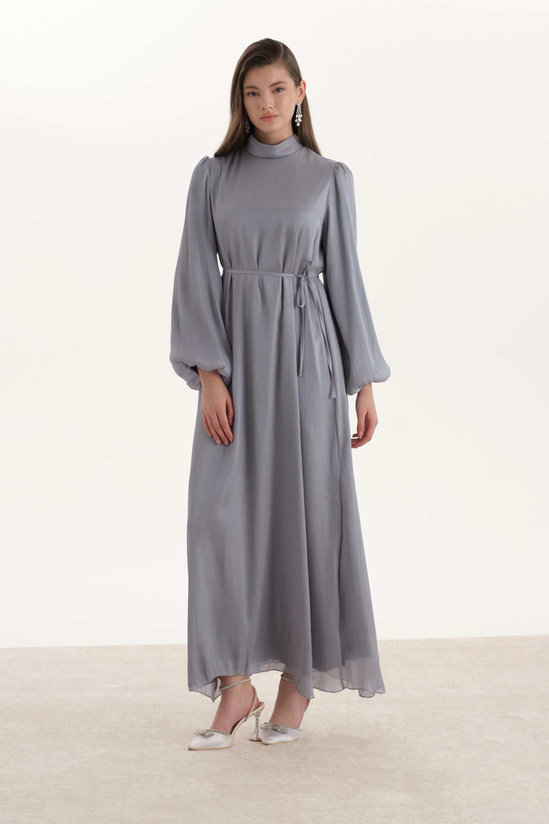 Organze Saten Kalem Elbise Gri
