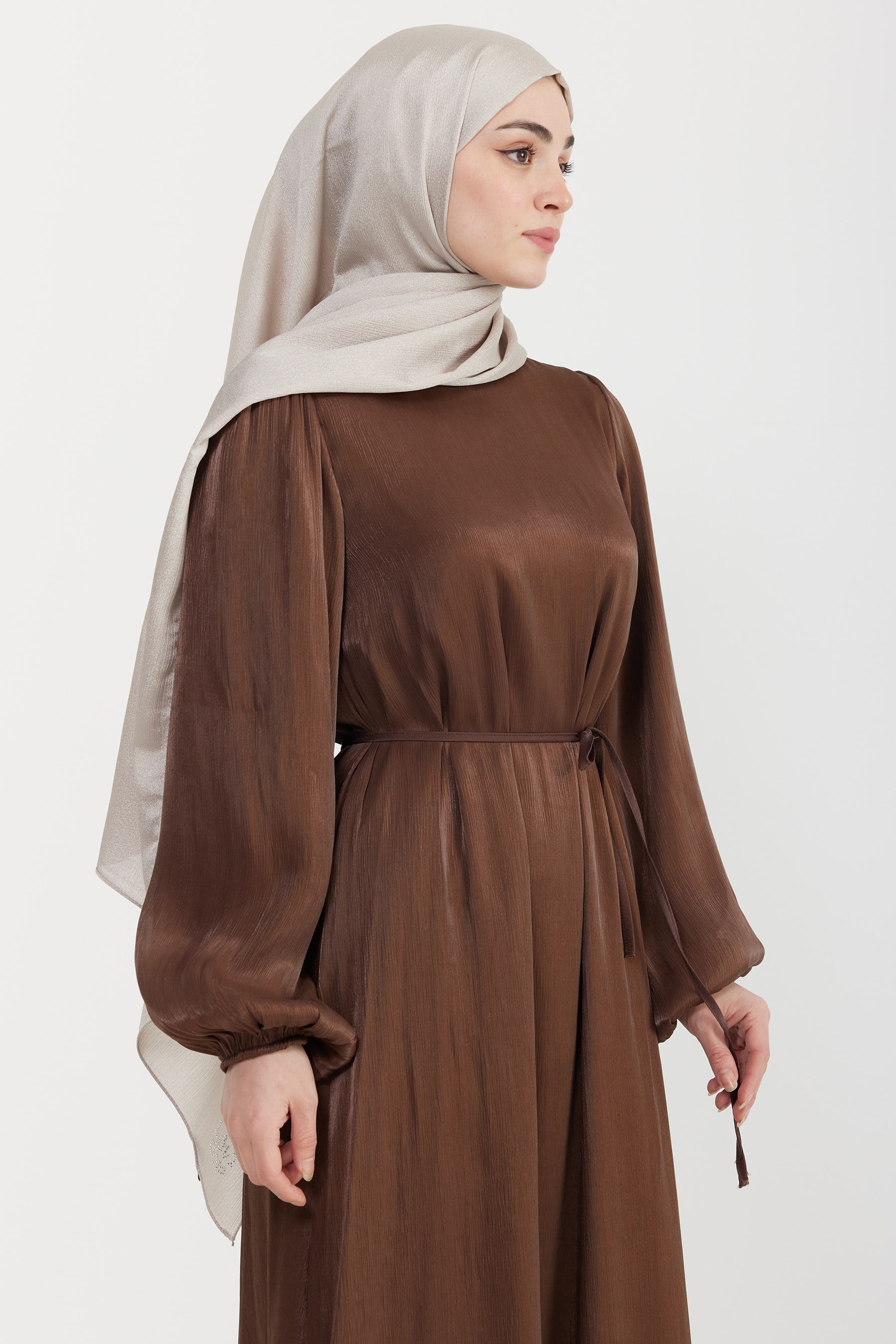 Organze Saten Kalem Elbise Kahverengi