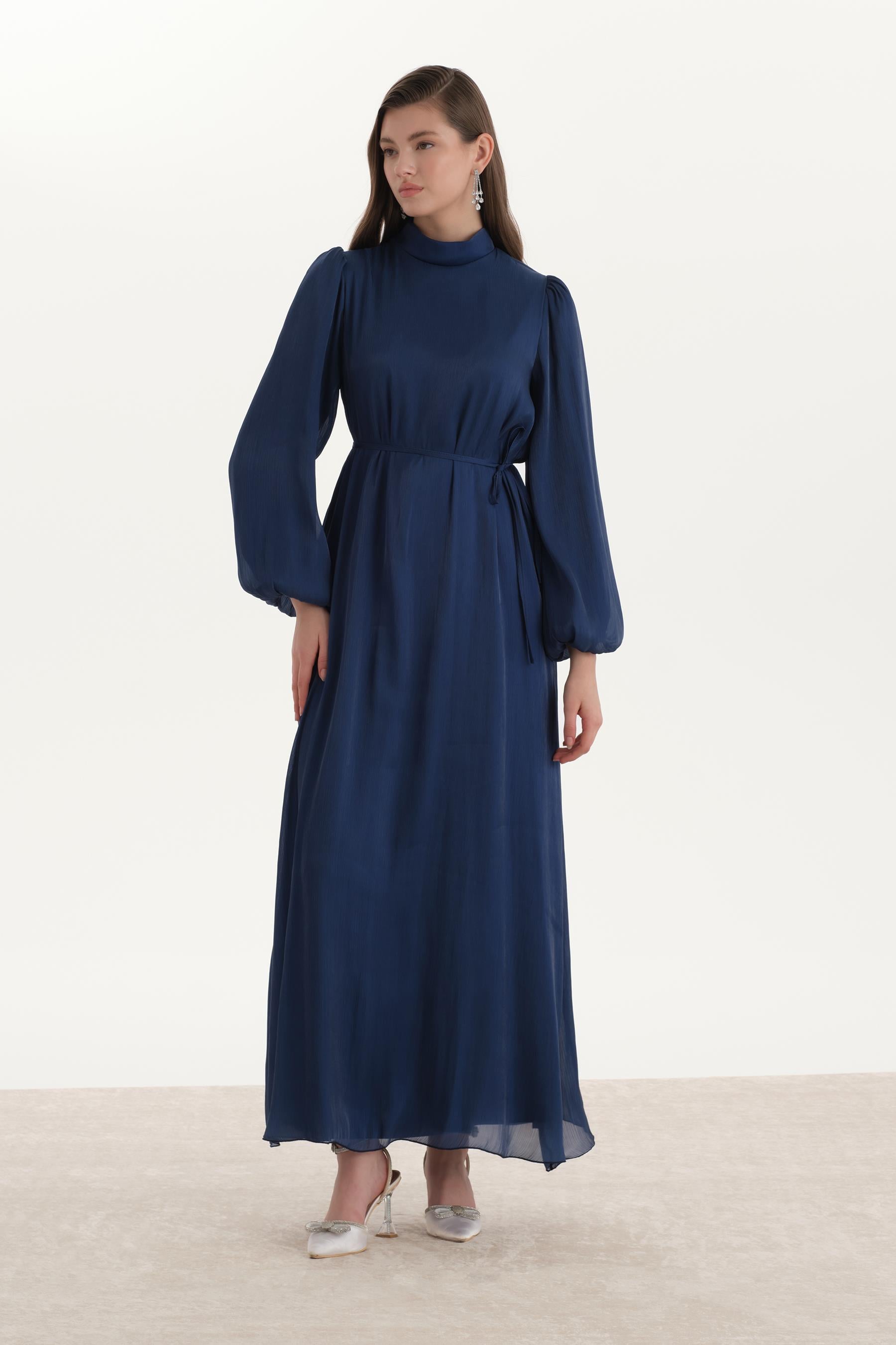 Organze Saten Kalem Elbise Lacivert