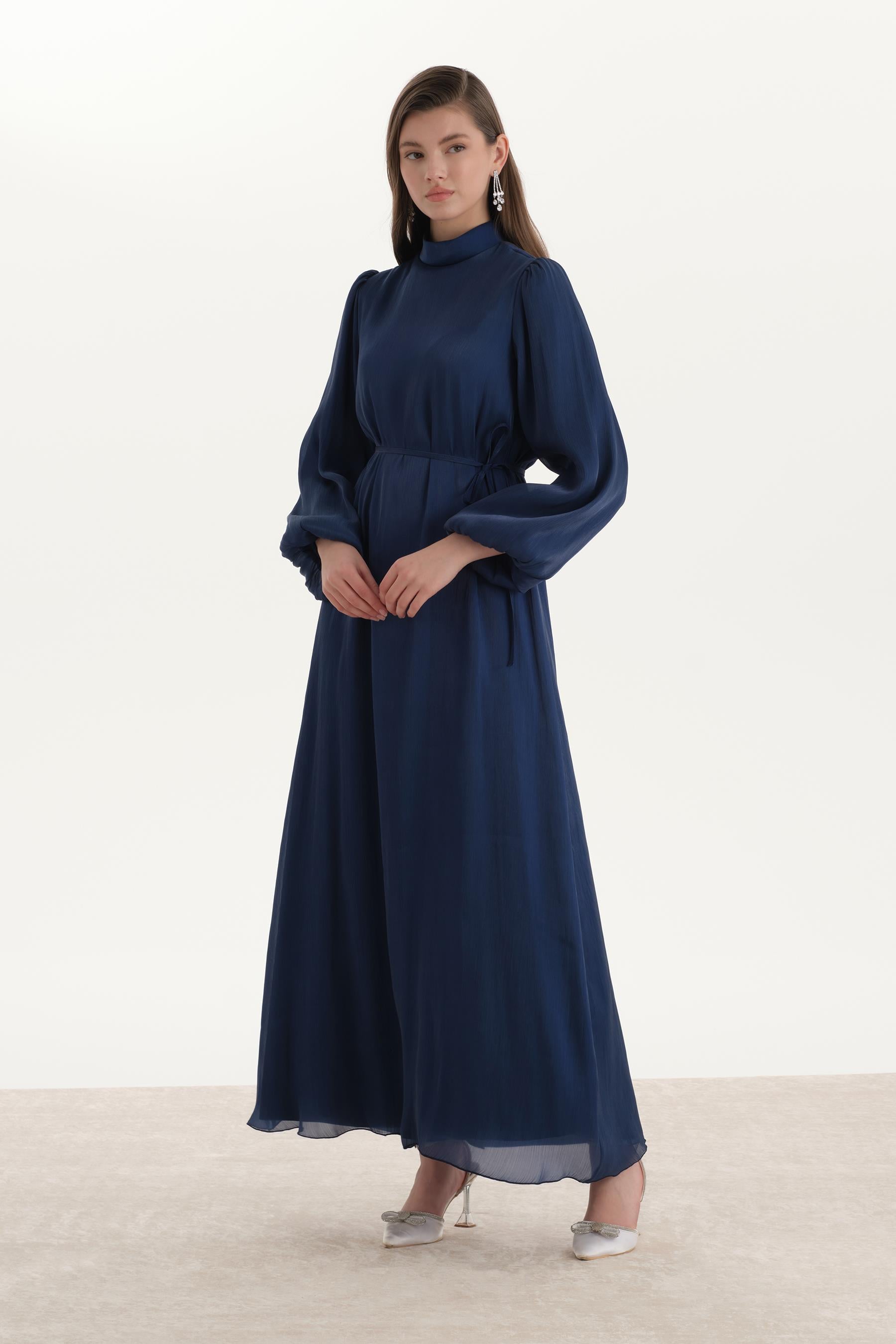 Organze Saten Kalem Elbise Lacivert