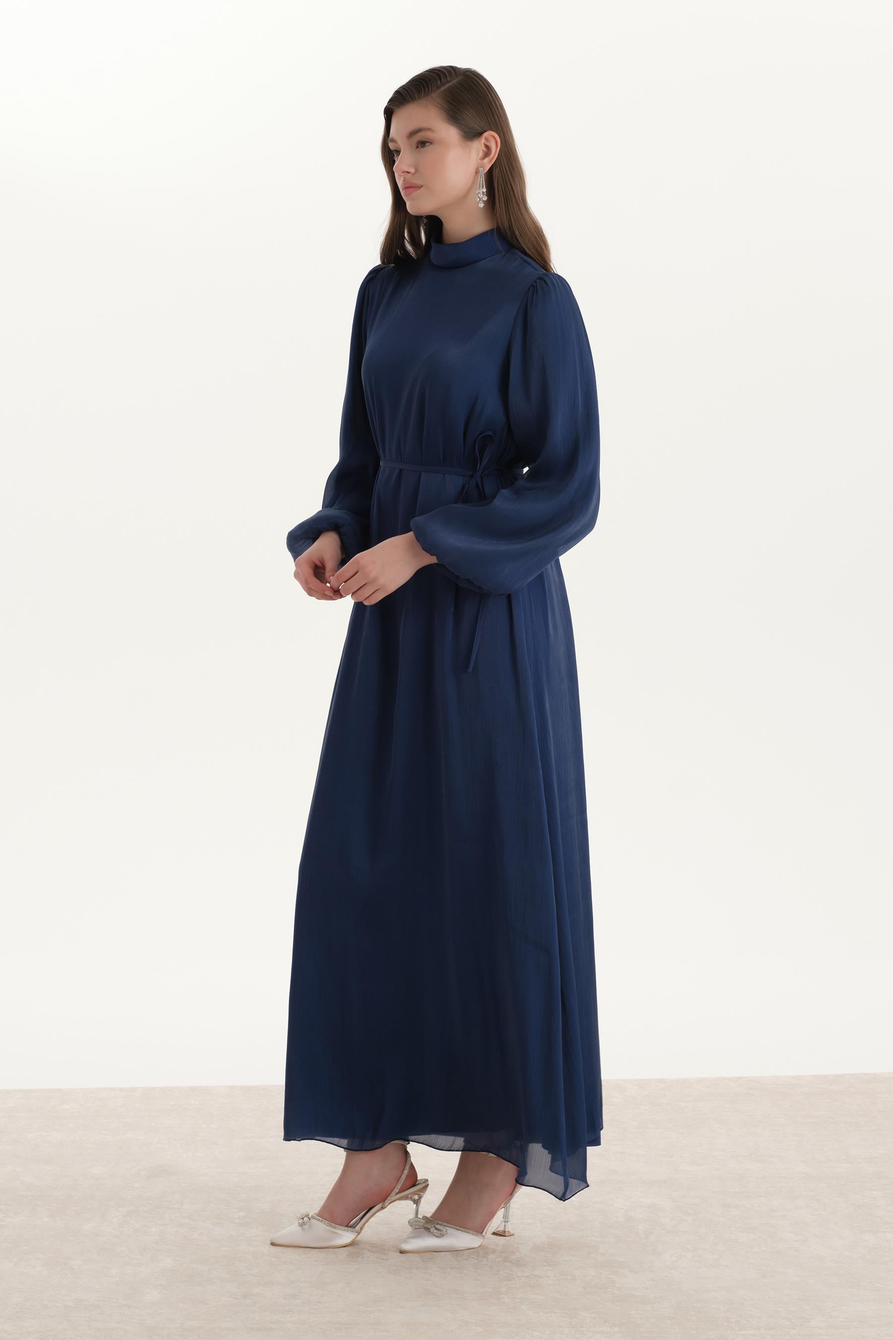 Organze Saten Kalem Elbise Lacivert