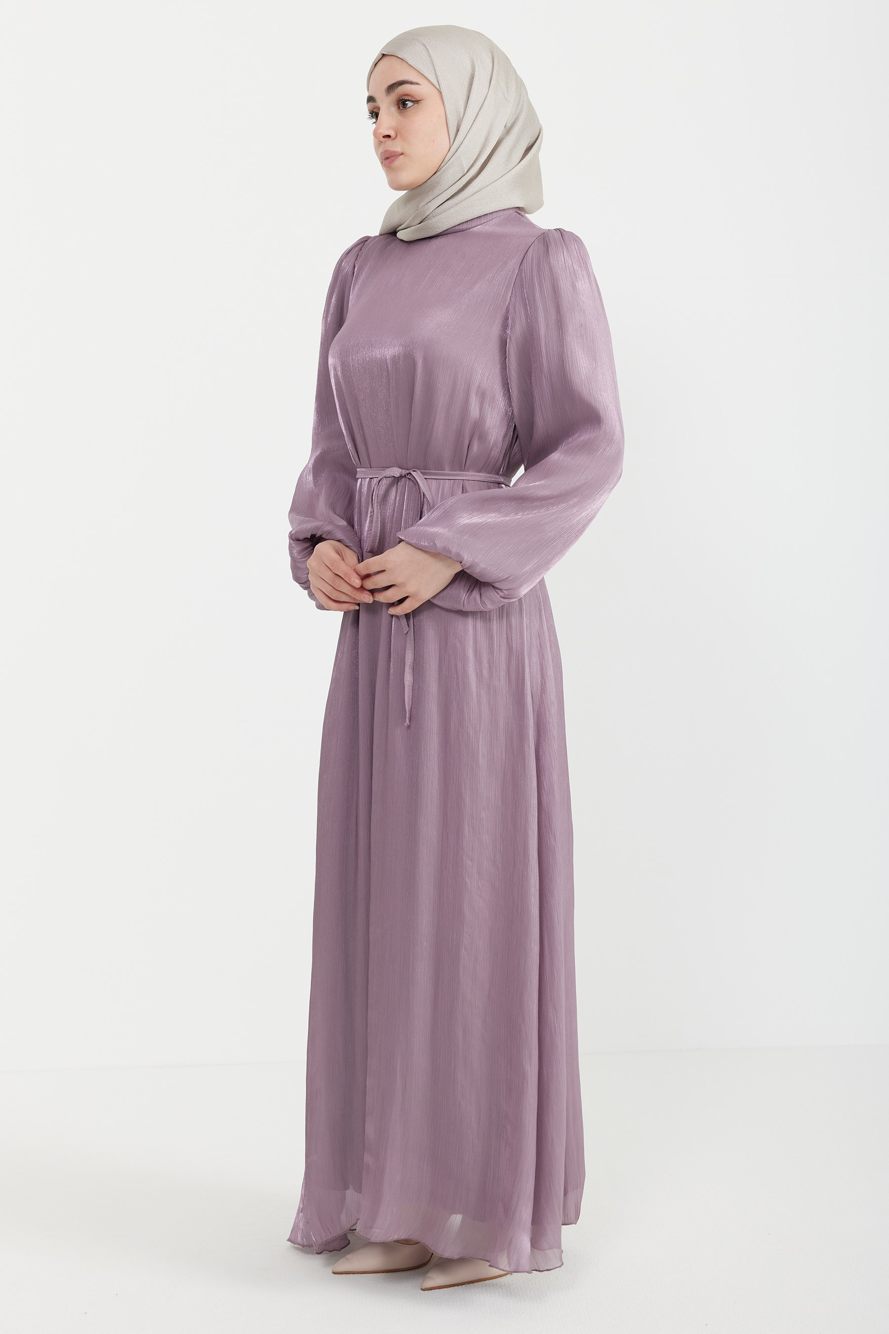 Organze Saten Kalem Elbise Lavanta