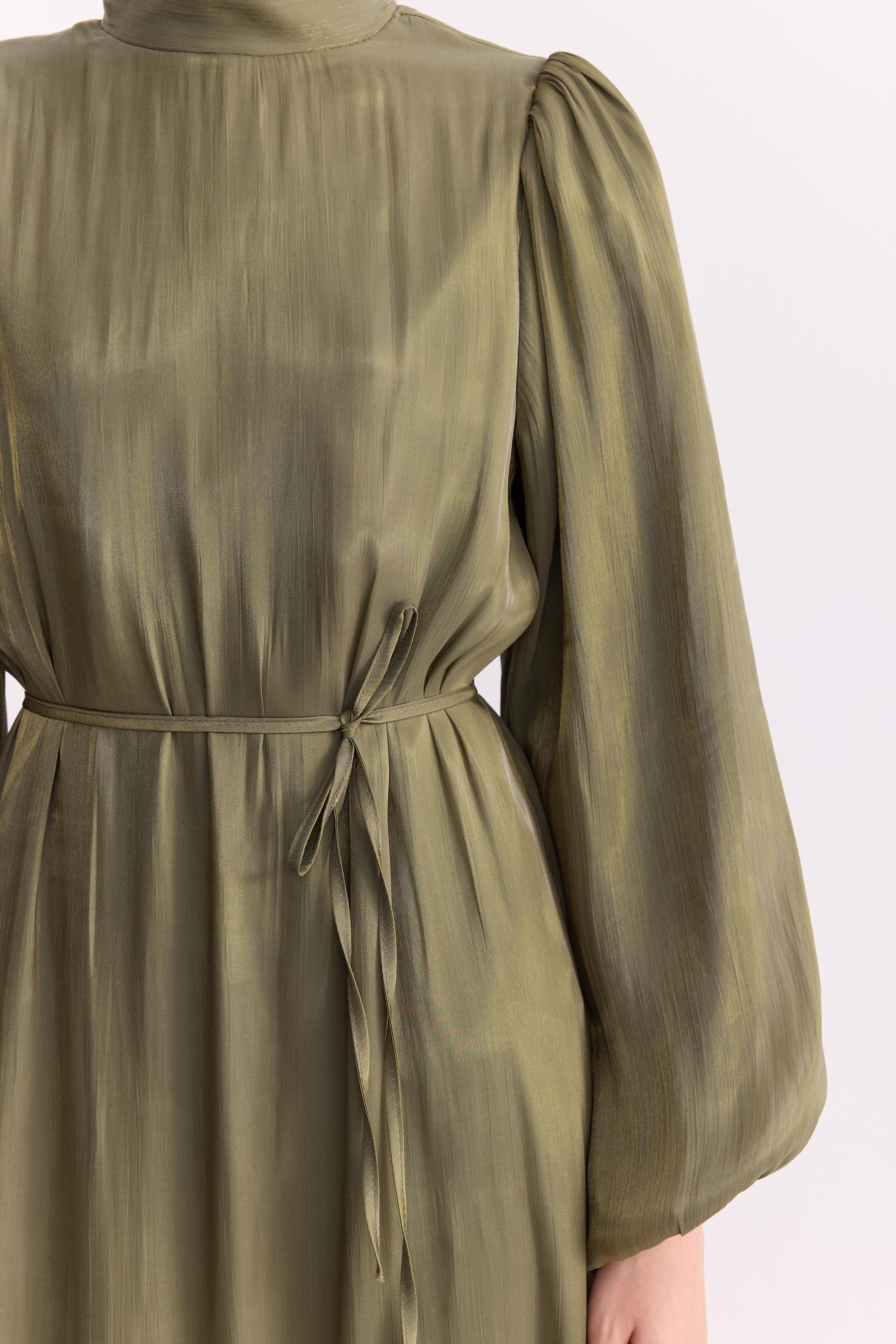 Organze Saten Kalem Elbise Olive