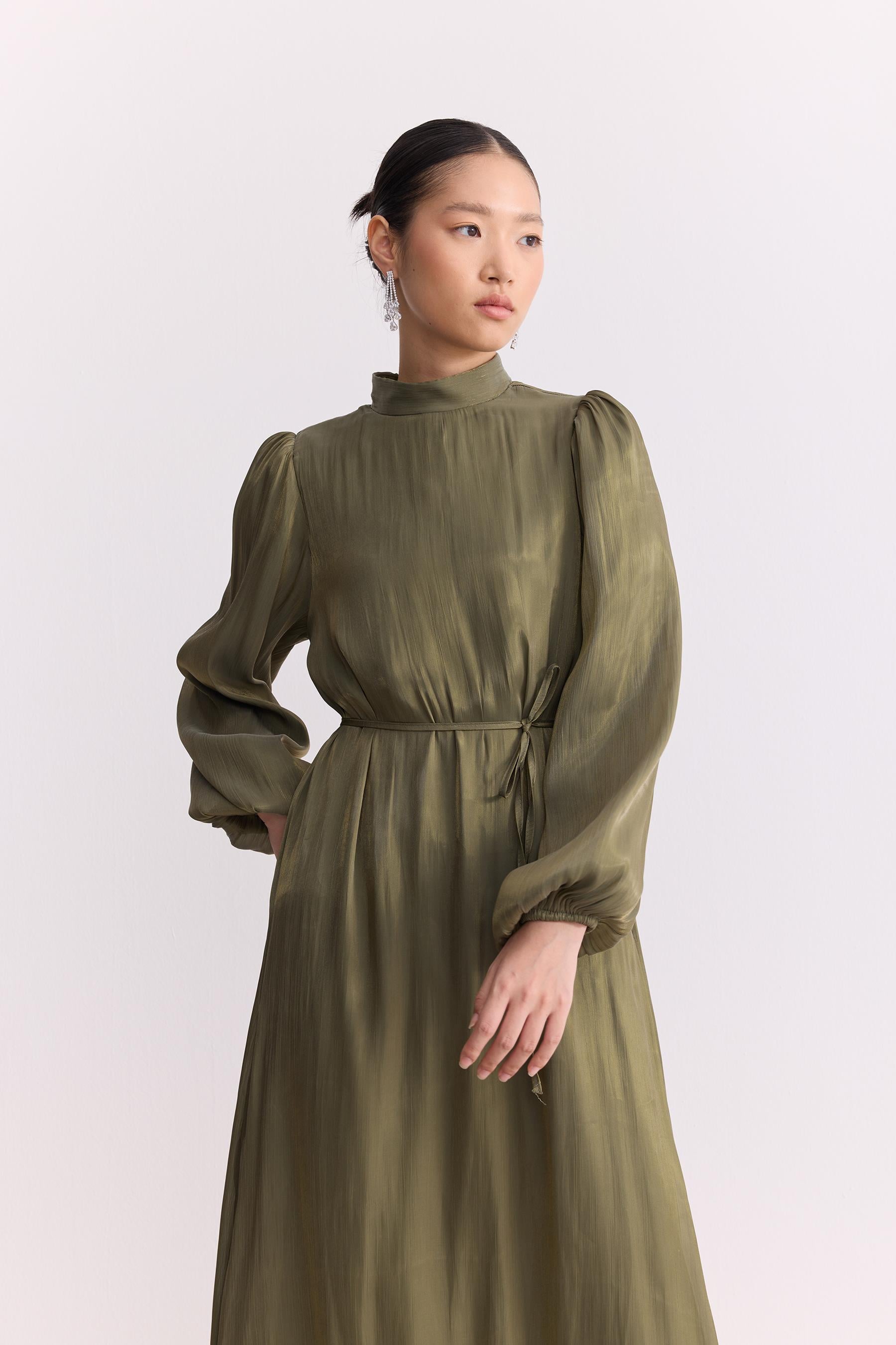 Organze Saten Kalem Elbise Olive