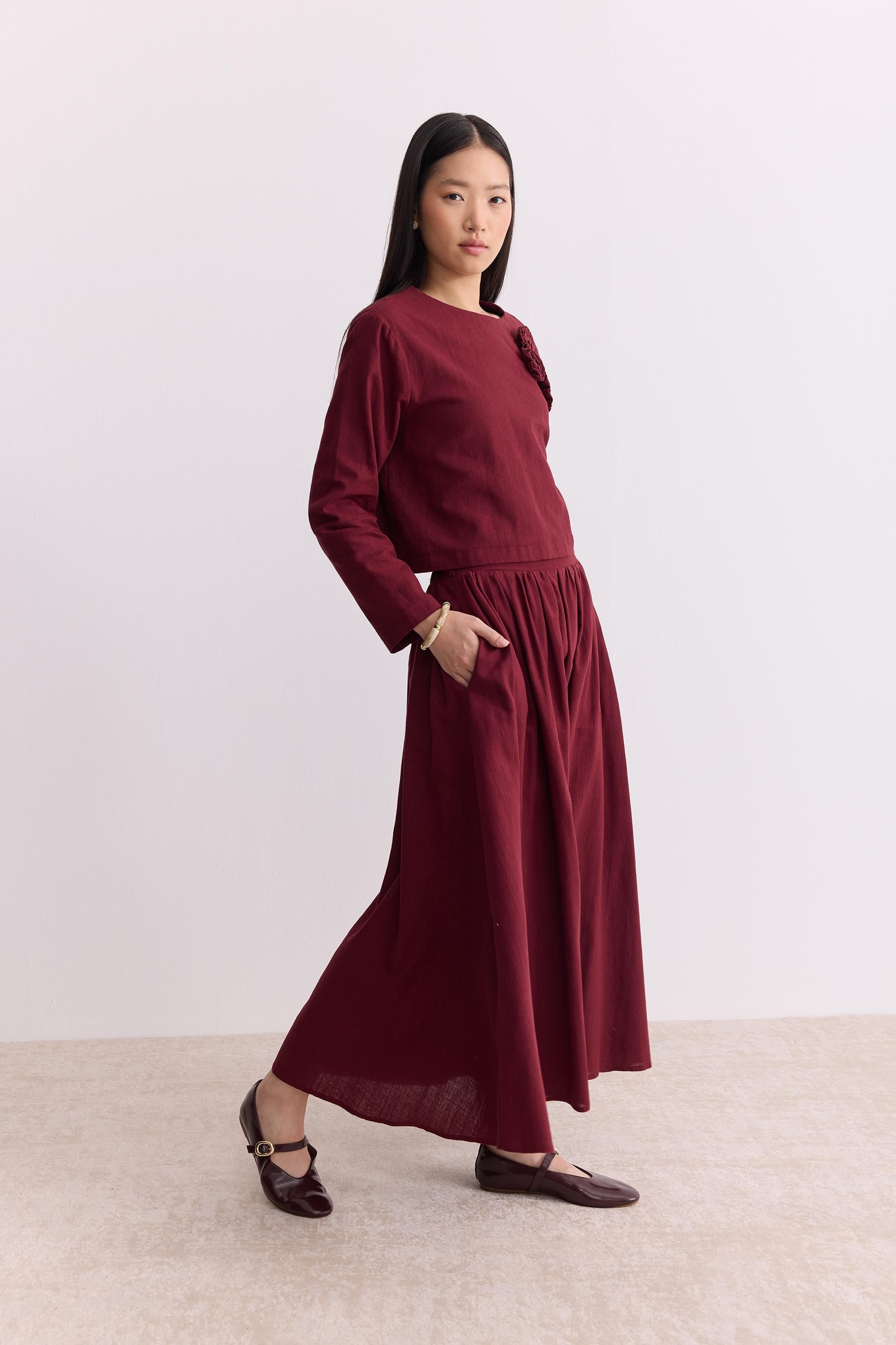 Rose Keten Etekli Takım Bordo
