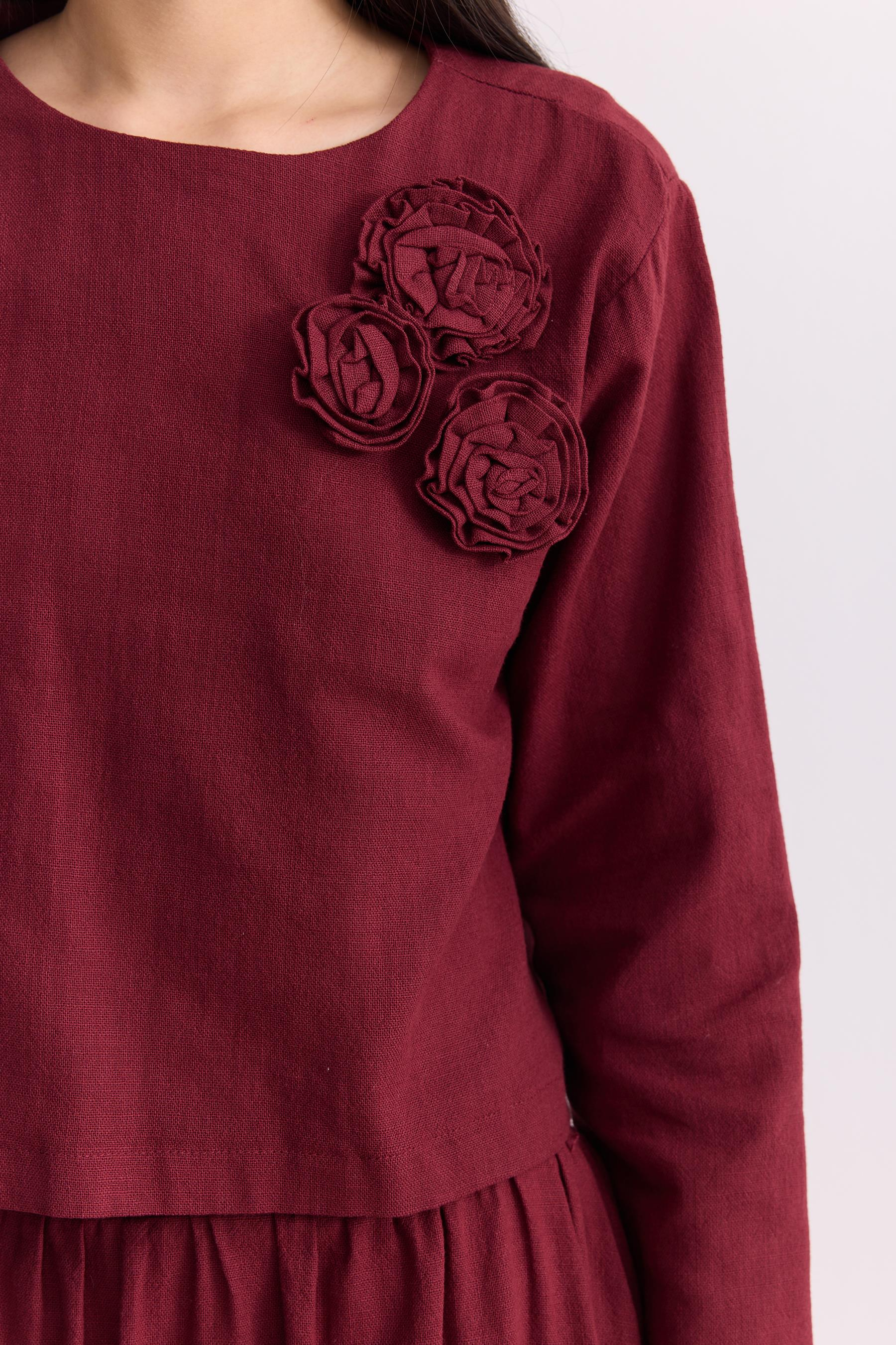 Rose Keten Etekli Takım Bordo