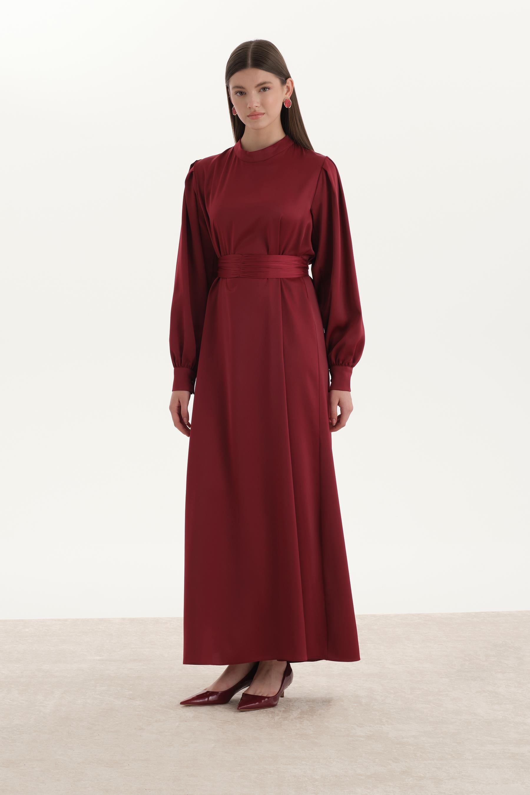 Saten Kalem Elbise Bordo