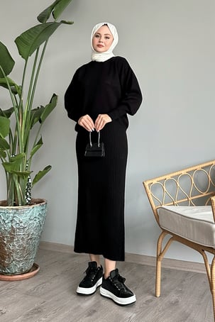 Balloon Sleeve Dress Black Knit Set