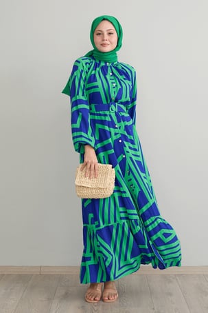 Striped Belted Green Viscose Dress