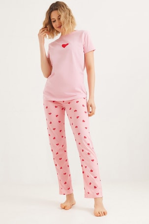 Baskılı Kısa Kol Pijama Takım Pembe