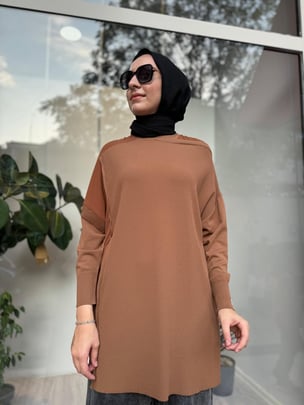Omzu Şifon Kadın Triko Tunik Toprak